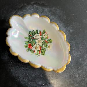 VTG Christmas Holly Opalescent Ceramic Trinket Soap Candy Dish Unbranded